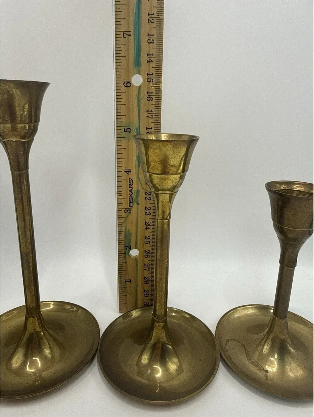 Vintage Brass Candle Holders Graduated Tapered Set of 7 Candlesticks Taiwan